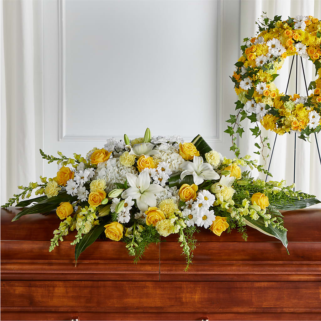 Golden Harmony Casket Spray – LANGE'S WOODLAND FLOWERS, Lemont IL