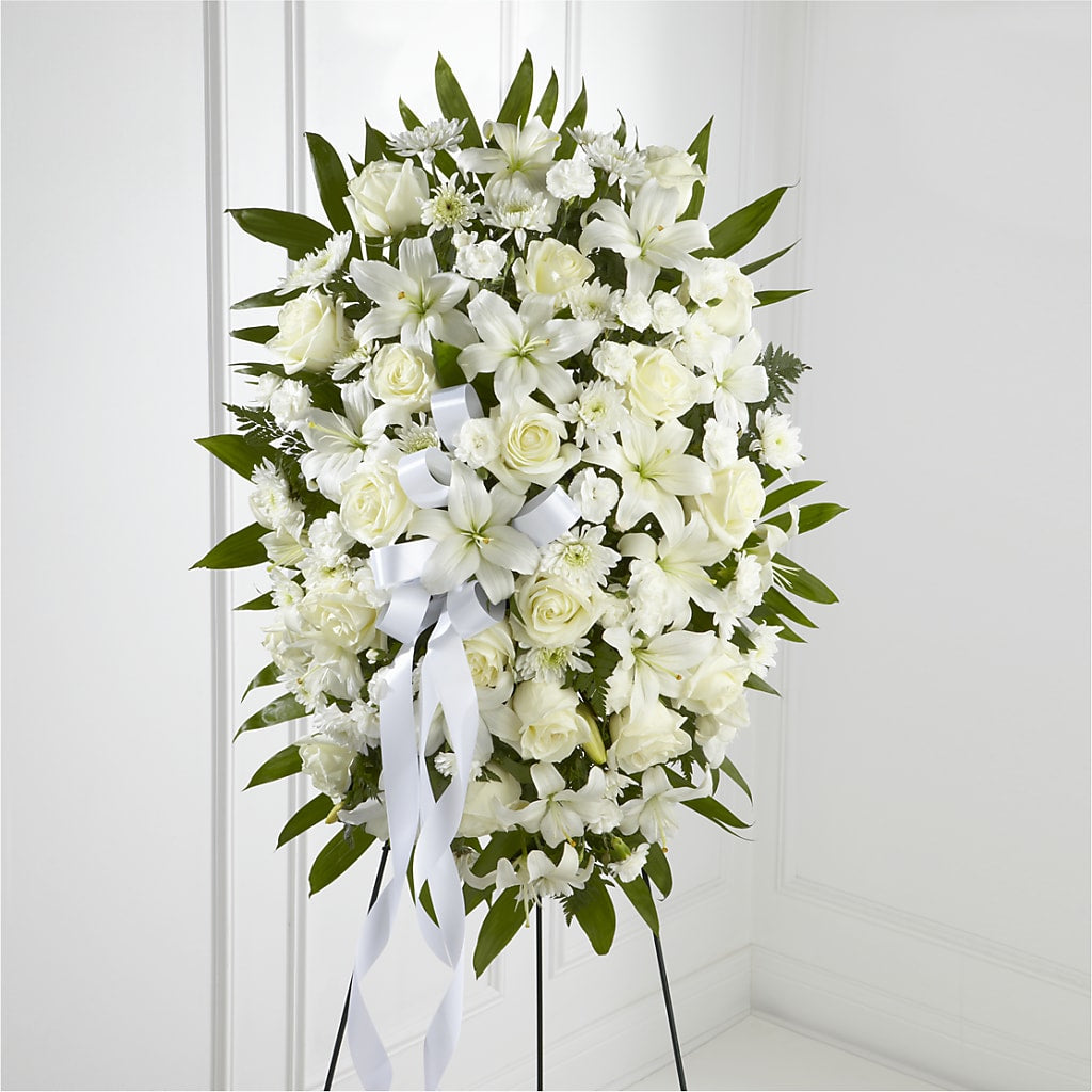Exquisite Tribute Standing Spray-White Ribbon – LANGE'S WOODLAND FLOWERS, Lemont IL