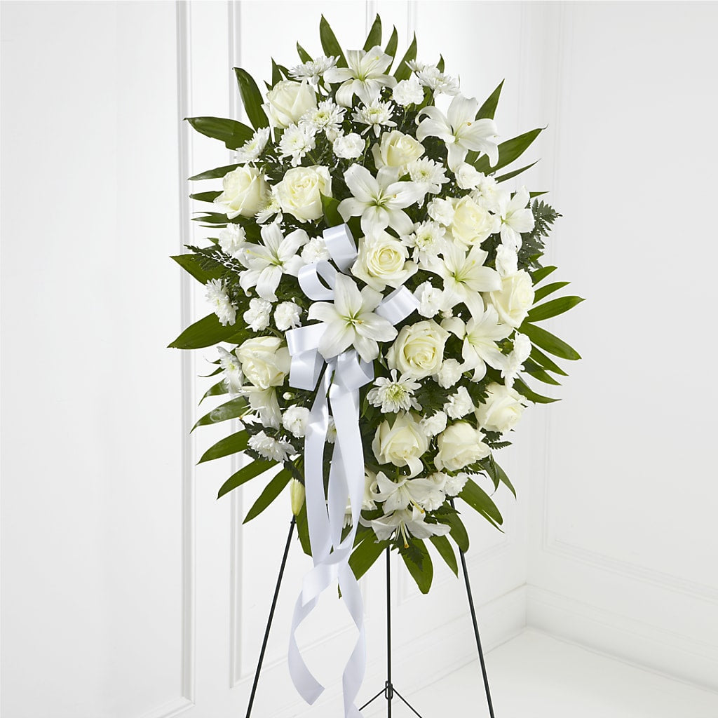 Exquisite Tribute Standing Spray-White Ribbon – LANGE'S WOODLAND FLOWERS, Lemont IL