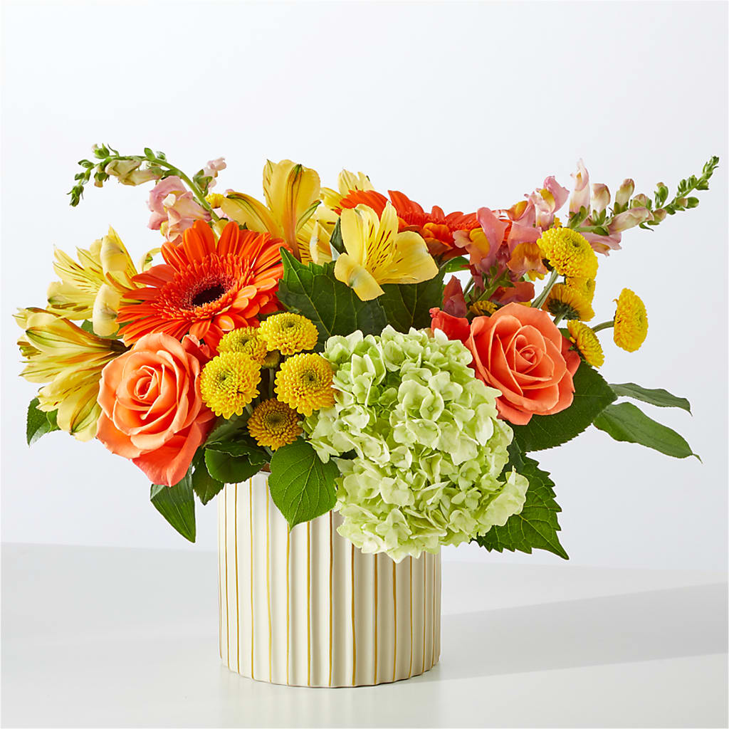 Autumn Sunshine Bouquet with Ivory Vase – LANGE'S WOODLAND FLOWERS, Lemont IL