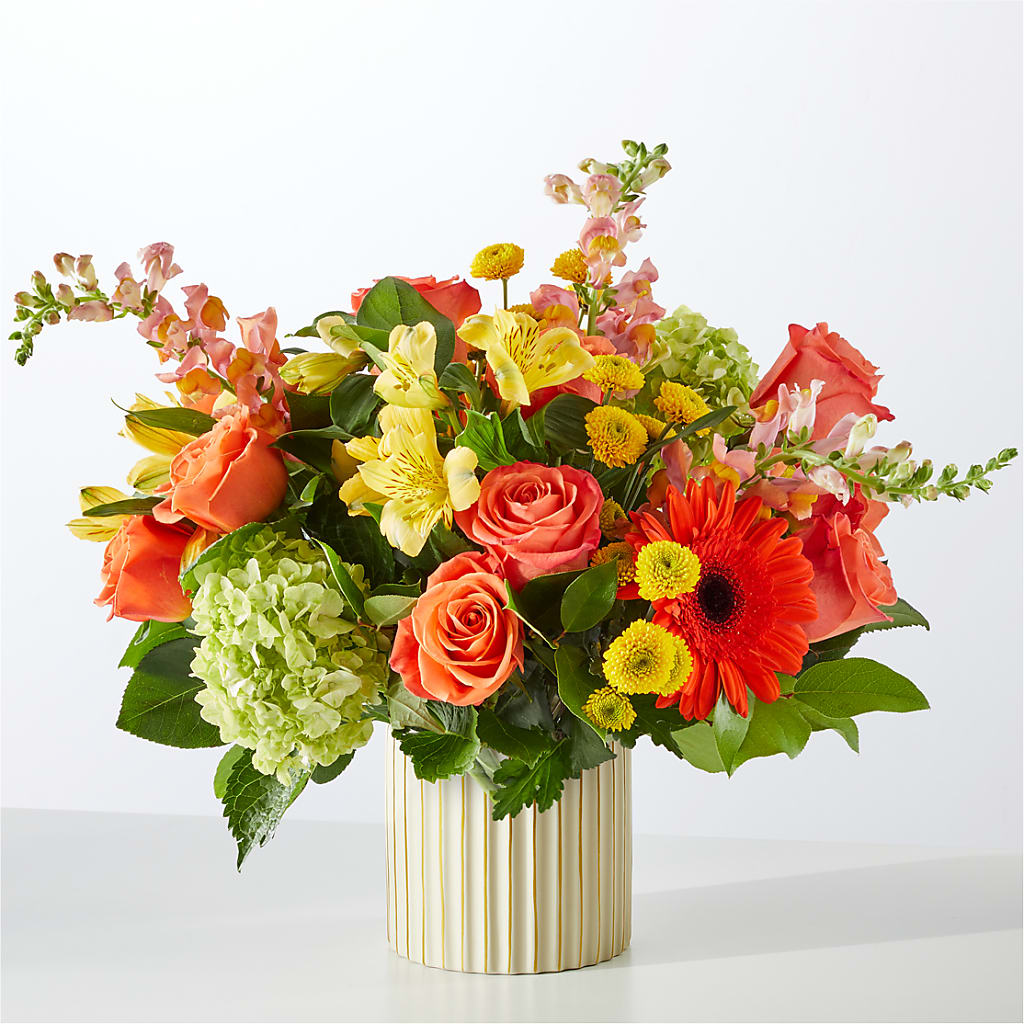 Autumn Sunshine Bouquet with Ivory Vase – LANGE'S WOODLAND FLOWERS, Lemont IL